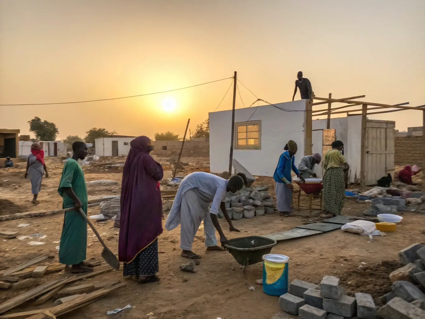 A photograph of community members working together on a development project, such as constructing a school or renovating a community center, demonstrating the power of collaboration.